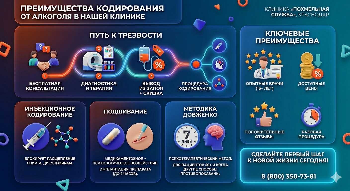 Инфографика о методах кодирования от алкоголя в Новом Хушете: инъекции, подшивание, метод Довженко. Преимущества клиники и этапы лечения.