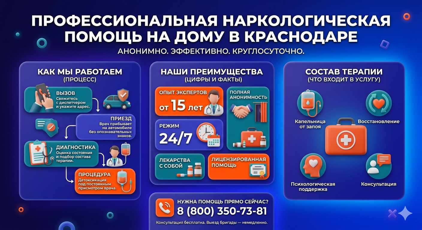 Инфографика о принципах лечения алкоголизма на дому в Новом Хушете: этапы вызова нарколога, преимущества анонимной детоксикации и состав медицинской помощи.